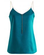 Golden Chain Embellished Satin Cami Top in Emerald