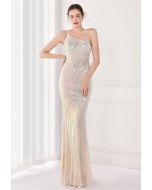 One-Shoulder Leaf Sequined Mermaid Gown in Apricot