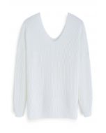 Texture Ribbed Knit V-Neck Sweater in White