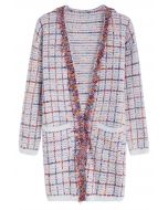 Multicolored Grid Pattern Longline Knit Cardigan in White