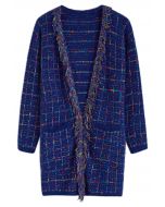 Multicolored Grid Pattern Longline Knit Cardigan in Indigo