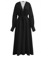 V-Neck Buttoned Long Sleeve Dress in Black