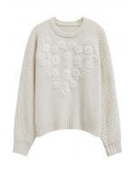 Hand-Embroidered Flowers Contrasting Pattern Knit Sweater in Ivory