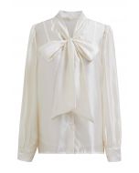 Elegant Bowknot Puff Sleeves Sheer Shirt in Cream