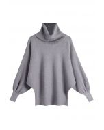 Turtleneck Batwing Sleeves Rib Sweater in Grey