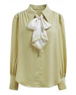 Vogue Detachable Bowknot Satin Shirt in Lime