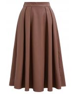 Faux Leather Pleated Flare Midi Skirt in Rust