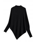 Asymmetric Batwing Sleeve Ribbed Knit Poncho in Black