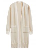 Contrast Edge Open Front Longline Knit Cardigan in Cream