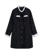 Contrast Ruffle Trim Sequin Grid Tweed Coat Dress