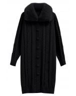 Faux Fur Collar Cable Knit Buttoned Longline Cardigan in Black