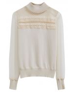 Flock Dots Mesh Spliced Knit Top in Cream