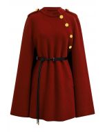 Golden Button Belted Cape Coat in Red