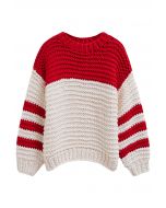 Two-Tone Striped Sleeves Chunky Hand Knit Sweater in Red