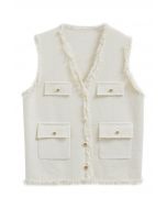 Fringed Edge Buttoned Flap Pocket Knit Vest in Cream