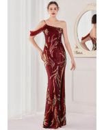 One-Shoulder Front Slit Sequined Maxi Gown in Burgundy