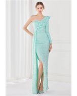 One-Shoulder Sequined Ruffle Slit Maxi Gown in Mint