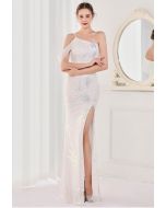 One-Shoulder Front Slit Sequined Maxi Gown in White