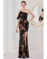 One-Shoulder Front Slit Sequined Maxi Gown in Black