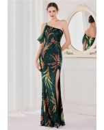 One-Shoulder Front Slit Sequined Maxi Gown in Dark Green