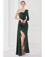 One-Shoulder Sequined Ruffle Slit Maxi Gown in Dark Green
