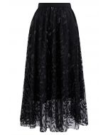 Sequin Embroidered Leaves Mesh Tulle Midi Skirt in Black
