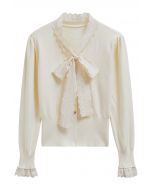 Embroidered Eyelet Bowknot Heart Button Fuzzy Knit Cardigan in Cream