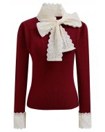 Embroidered Eyelet Bowknot Ribbed Knit Top in Red