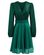 Plunging Spliced Sequined Skater Dress in Emerald