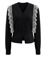 Lace Trimmed V-Neck Knit Cardigan in Black