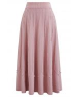 Silver Bead Embellished Seam Knit Midi Skirt in Pink