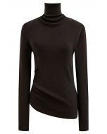 Side Pleat High Neck Ribbed Knit Top in Brown