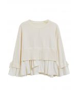 Tie-String Cuffs Spliced Cotton Hem Knit Top in Cream