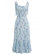 Floral Tie-Shoulder Split Midi Dress in Blue