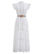 Belted Cutwork Pearly Sleeveless Maxi Dress in White