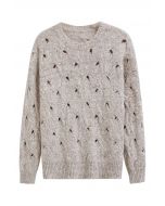 Hollow Out Mix-Color Cable Knit Sweater in Oatmeal