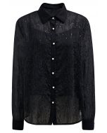 Floral Mesh Sequin Buttoned Shirt in Black