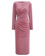 Rhinestone Decor Ruched Pad Shoulder Midi Dress in Pink