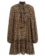 Leopard Print Self-Tie Neckline Chiffon Mini Dress