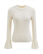 Pearl Adorned Flare Cuffs Ribbed Knit Top in Cream