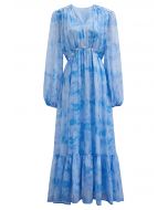 Seashell Beaded Tie-Waist Chiffon Maxi Dress in Blue