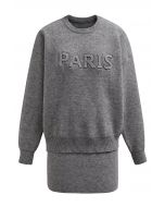 Paris Letter Knit Sweater and Skirt Set in Grey