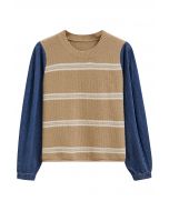 Denim Sleeve Spliced Striped Knit Sweater in Camel