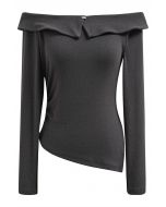 Flap Off-Shoulder Asymmetric Ruched Top in Smoke