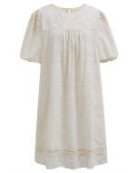 Sequins Trim Floral Embroidered Dolly Dress in Cream