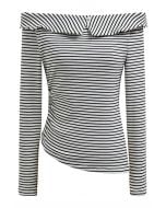 Flap Off-Shoulder Asymmetric Ruched Top in Stripe