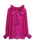 Tiered Ruffle Neckline Bowknot Lantern Sleeves Dolly Top in Magenta