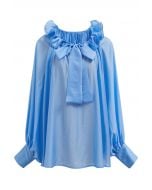 Tiered Ruffle Neckline Bowknot Lantern Sleeves Dolly Top in Blue