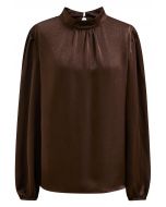 Tie Waist Bubble Sleeve Texture Top in Brown