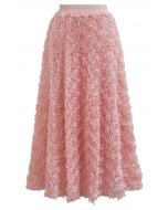 3D Rose Petal Mesh Midi Skirt in Pink